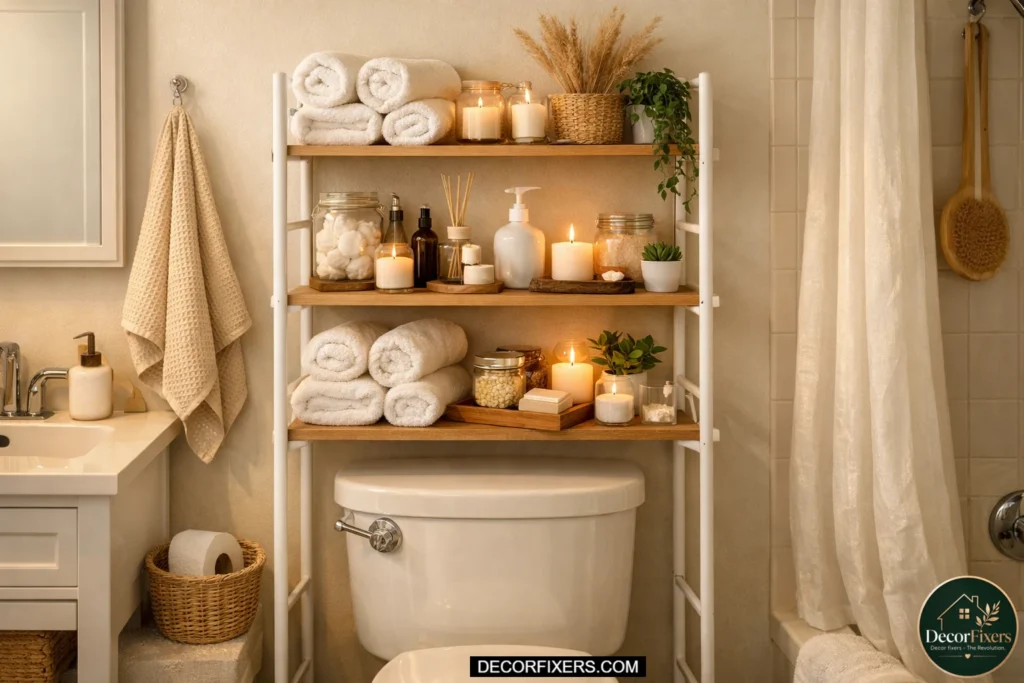 Freestanding over-the-toilet shelving unit holding rolled towels, toiletries, candles, and small plants in a tiny spa-inspired apartment bathroom