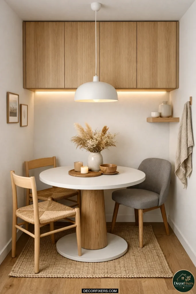 Overhead cabinet storage in modern small dining room
