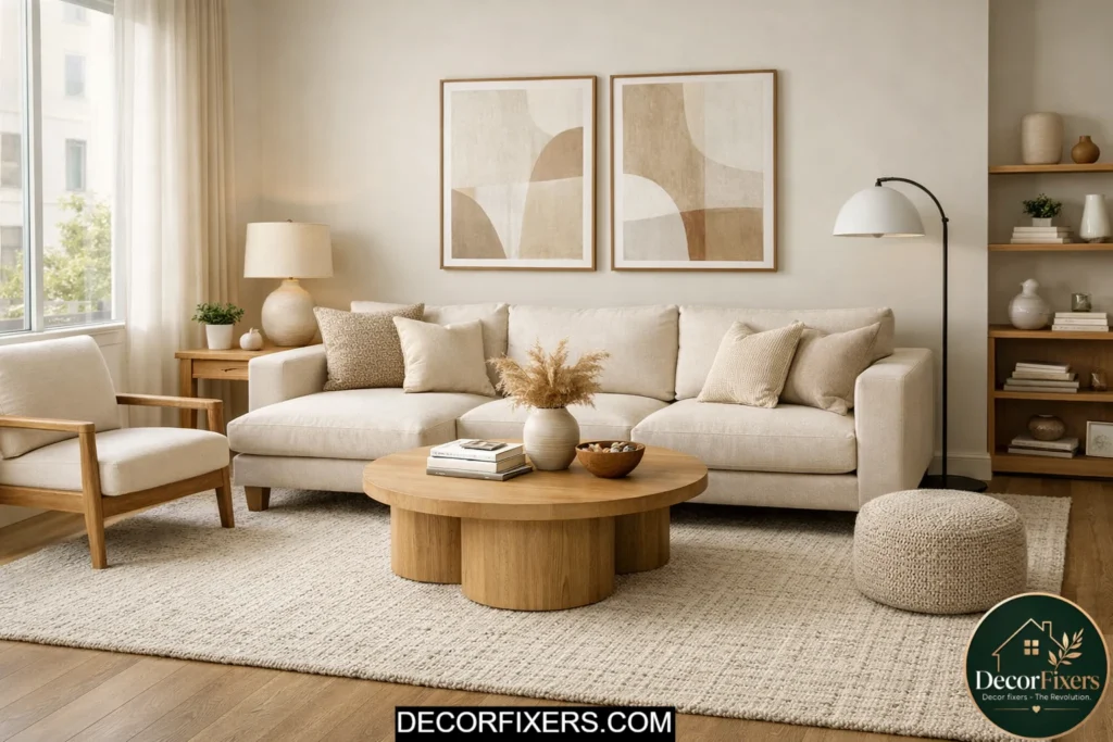 Properly sized rug anchoring living room furniture for balanced design