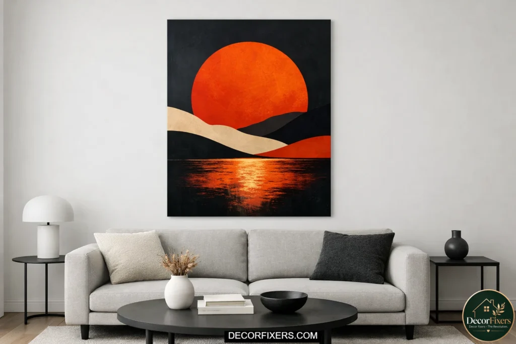 oversized wall art creating focal point in small living room