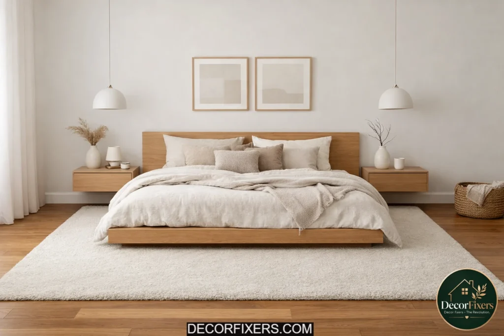 Minimalist bedroom with a large neutral rug anchoring the bed