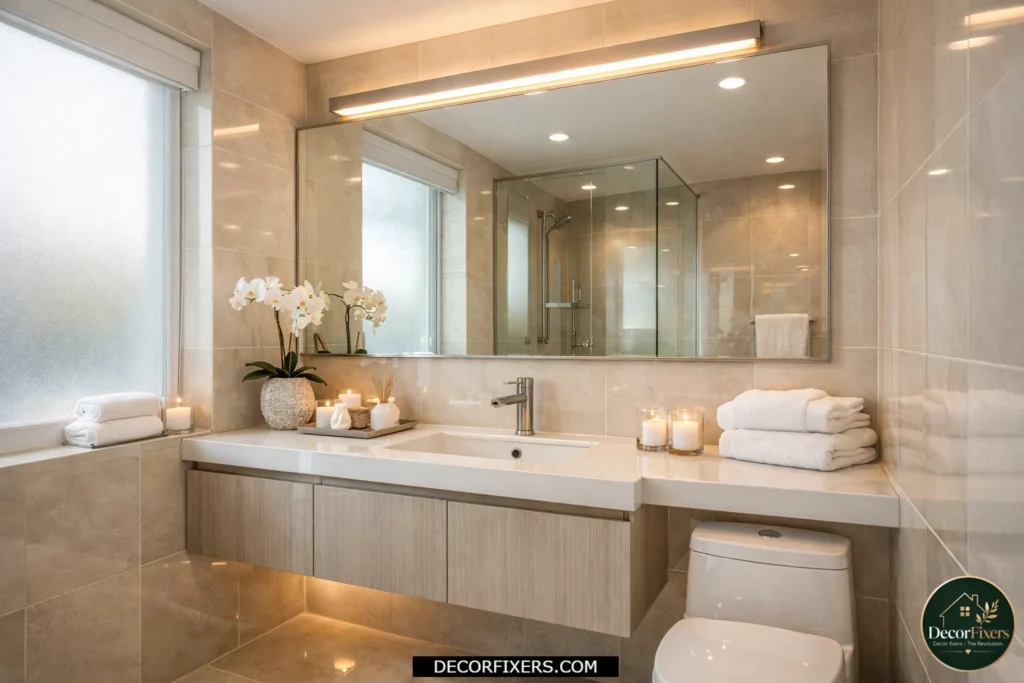 Oversized frameless mirror above a small bathroom vanity reflecting natural light and making the tiny bathroom feel larger.