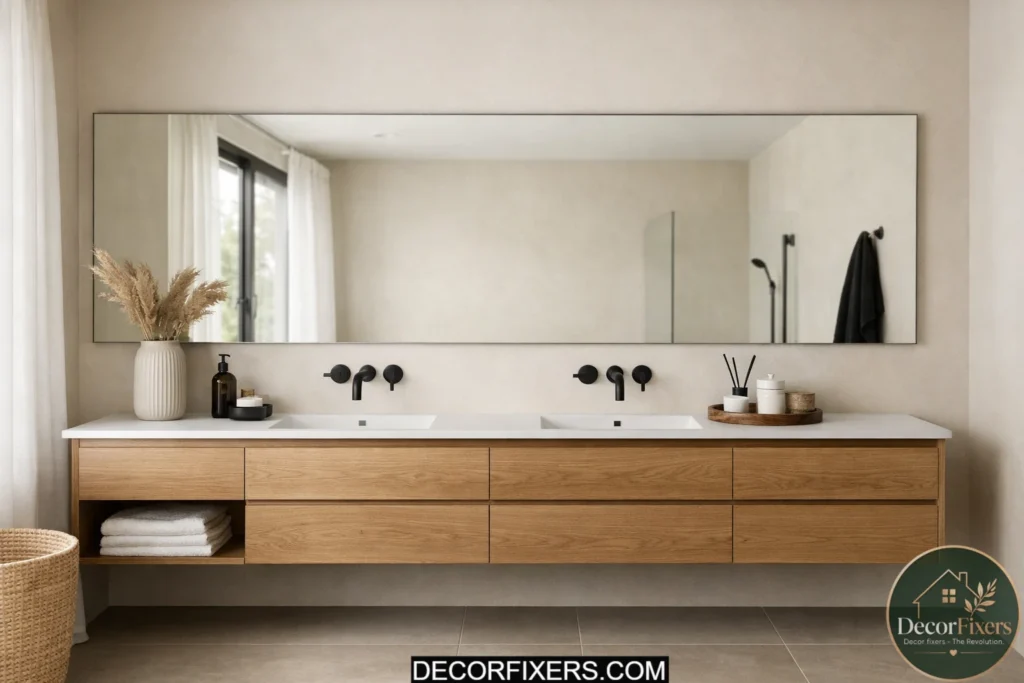 Scandinavian bathroom with oversized frameless mirror and floating vanity.