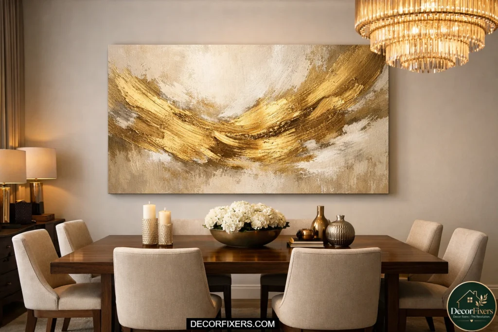 Oversized gold abstract canvas above rectangular walnut dining table in a modern luxury dining room.