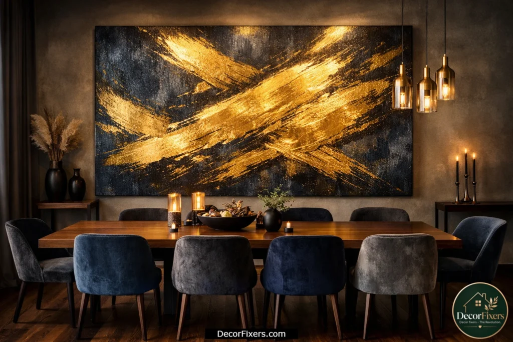 Oversized gold abstract canvas wall art above a modern dining table in a luxury dining room