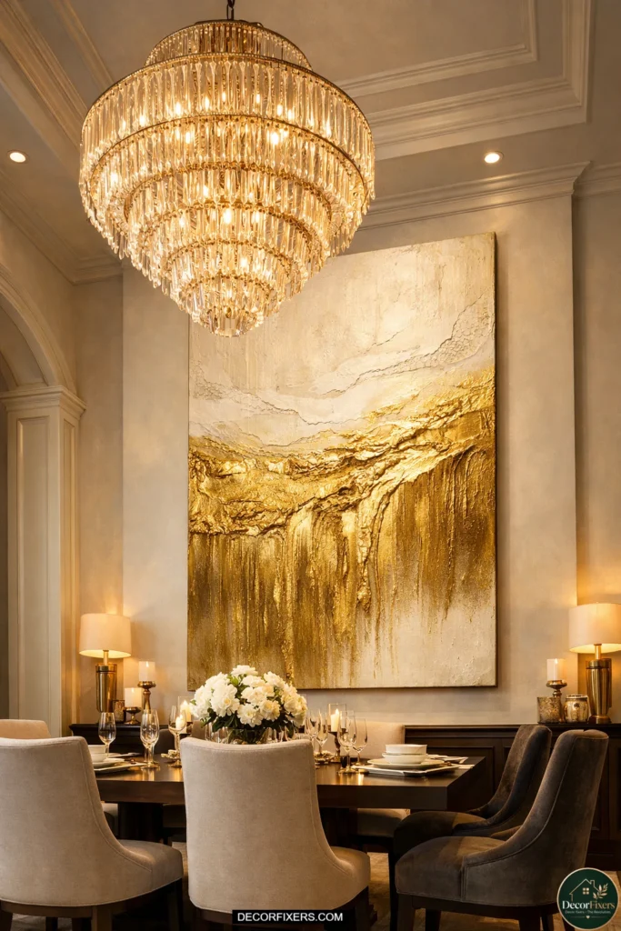 oversized-gold-canvas-high-ceiling-dining-room