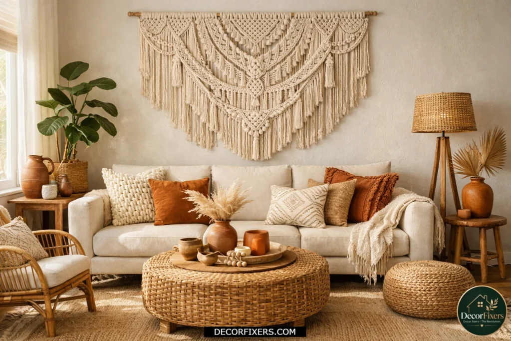 Large macramé wall hanging above a neutral sofa in a boho living room