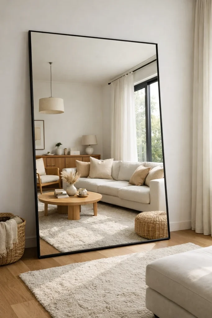 Large mirror reflecting light to expand small living room space