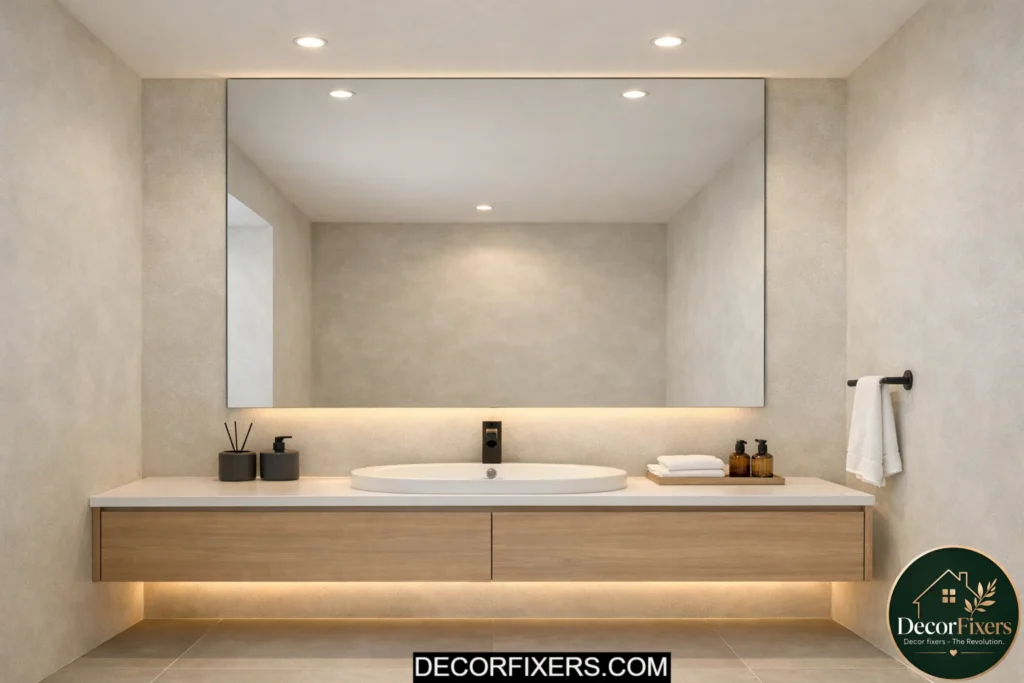 Oversized frameless mirror in a minimalist bathroom reflecting light and making the space feel larger