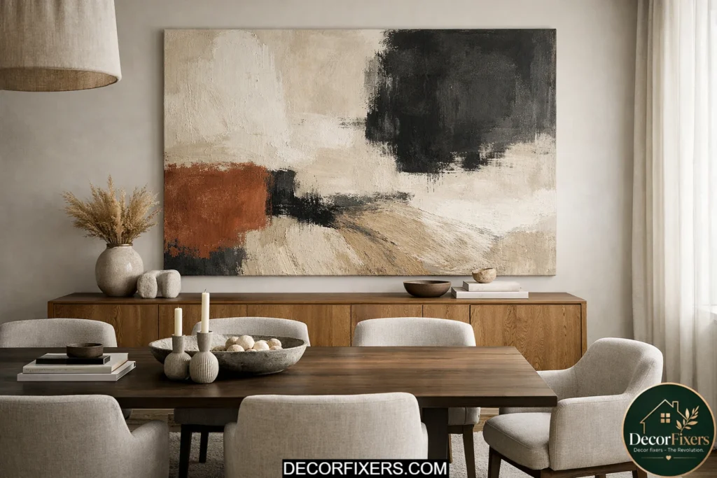 Oversized abstract canvas dominating a modern dining room wall above a buffet in a luxury neutral interior