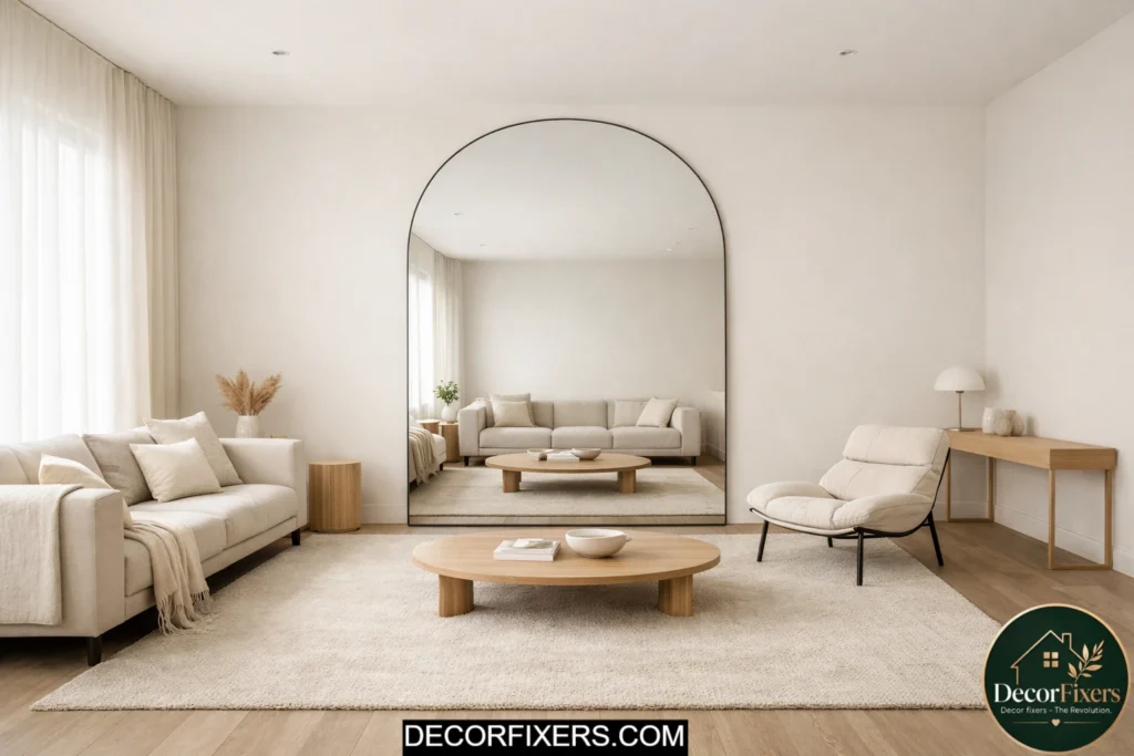 Living room designed around one large statement mirror focal point