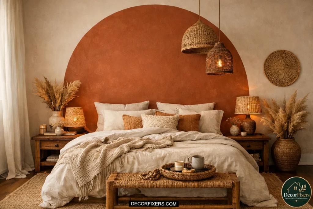 Modern bohemian bedroom with painted terracotta arch feature wall behind bed, layered neutral bedding, woven decor, and soft earthy lighting.