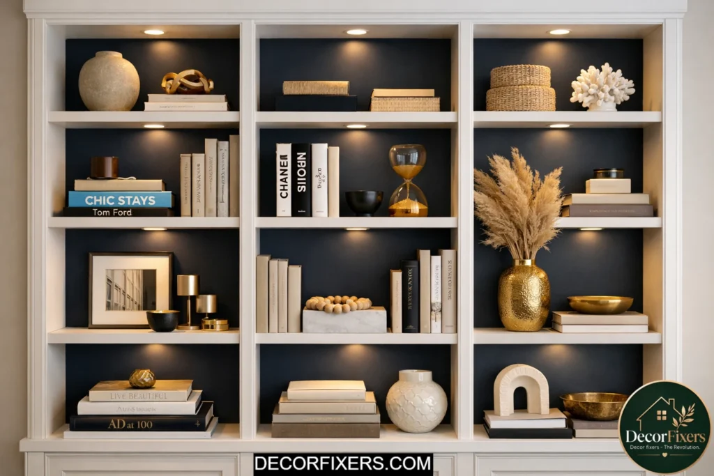 Bookshelf with painted interior back panel for designer effect