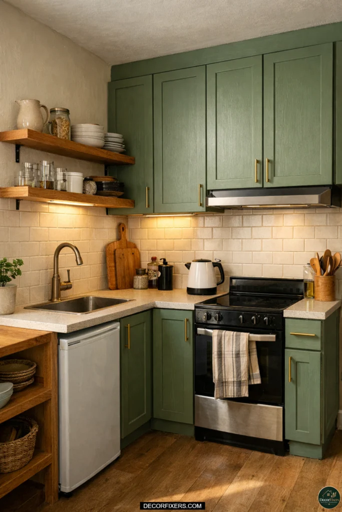 Painted cabinet doors transforming a tiny open-plan kitchen