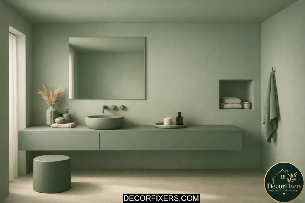 Minimalist bathroom with matching sage walls and ceiling creating a seamless effect