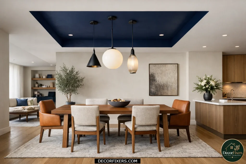 Open-plan dining area with a painted ceiling creating visual separation.