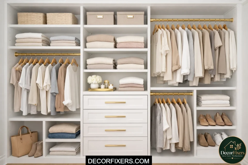 White painted MDF closet shelves with custom built-in appearance