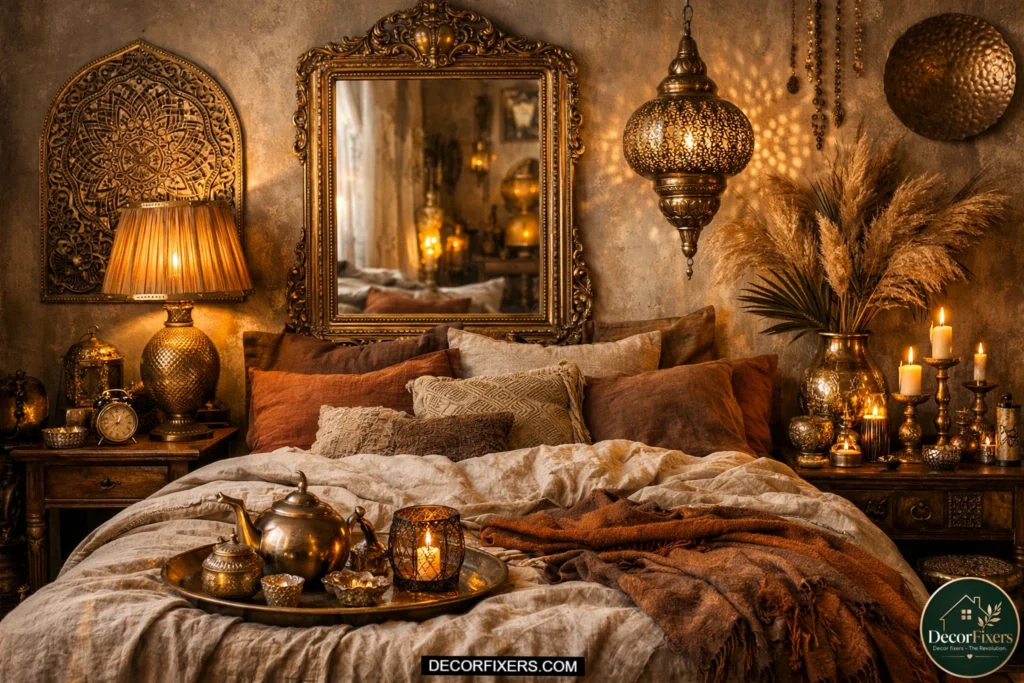 Bohemian bedroom with low wooden pallet platform bed, terracotta walls, layered linen bedding, earthy rugs, and soft natural golden lighting.