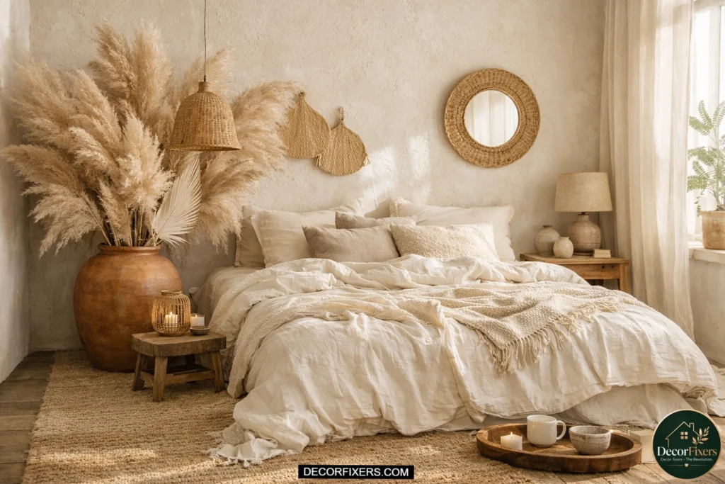 Minimal bohemian bedroom with oversized pampas grass arrangement in terracotta vase beside a soft cream bed under warm natural sunlight.