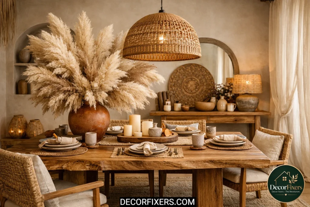 Boho dining room decorated with pampas grass and dried flowers