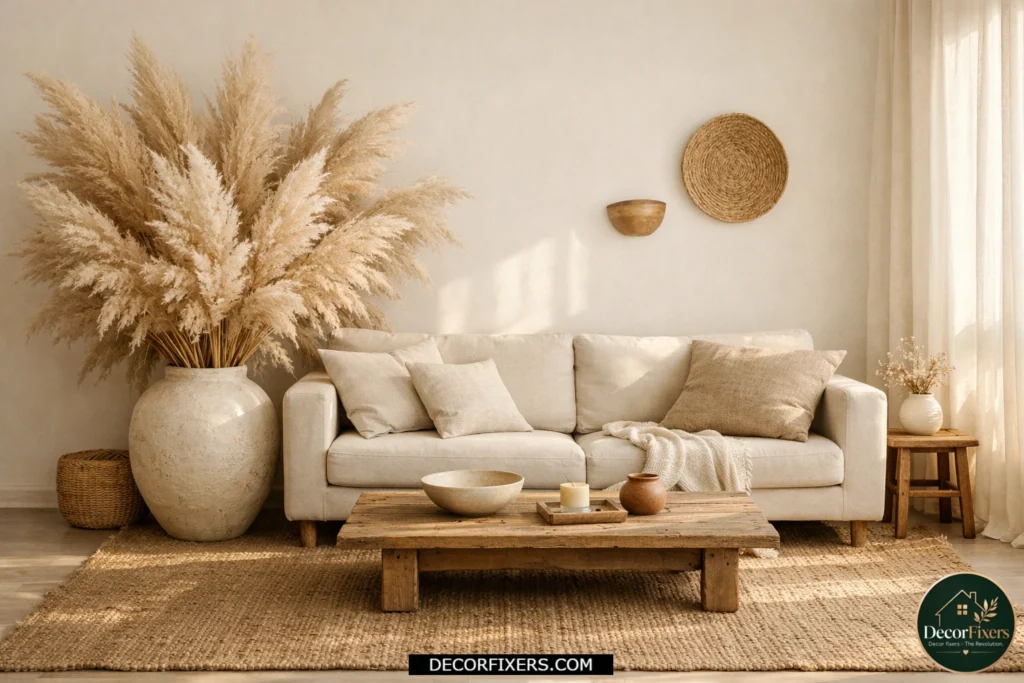 Pampas grass arrangement beside a neutral boho living room sofa