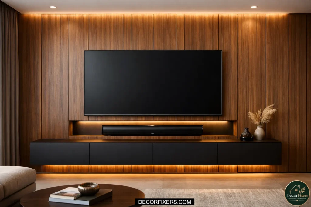 An MDF panel TV wall with a built-in recessed soundbar niche centered directly below the wall-mounted television, with hidden cable routing through the wall cavity