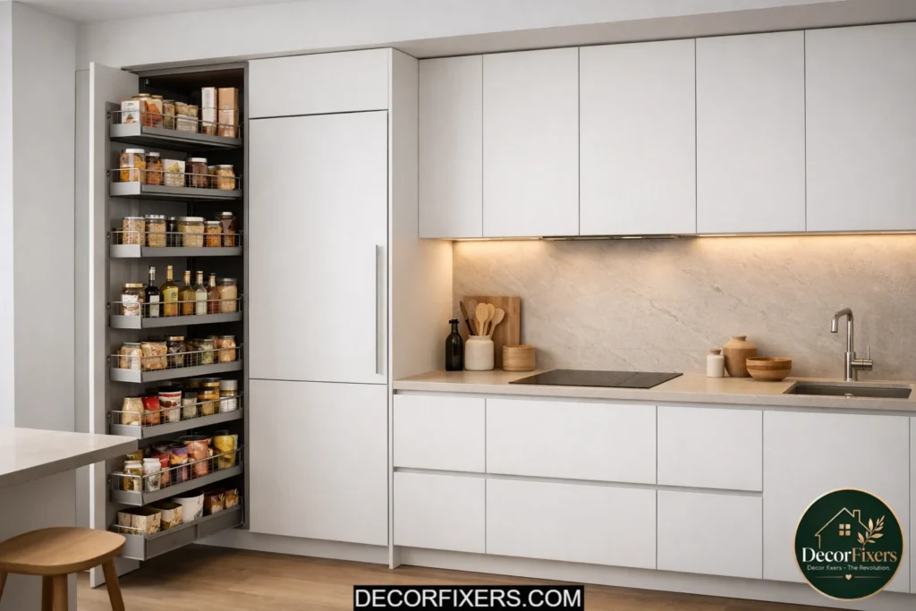 Minimalist kitchen with tall pull-out pantry storage and matte cabinetry