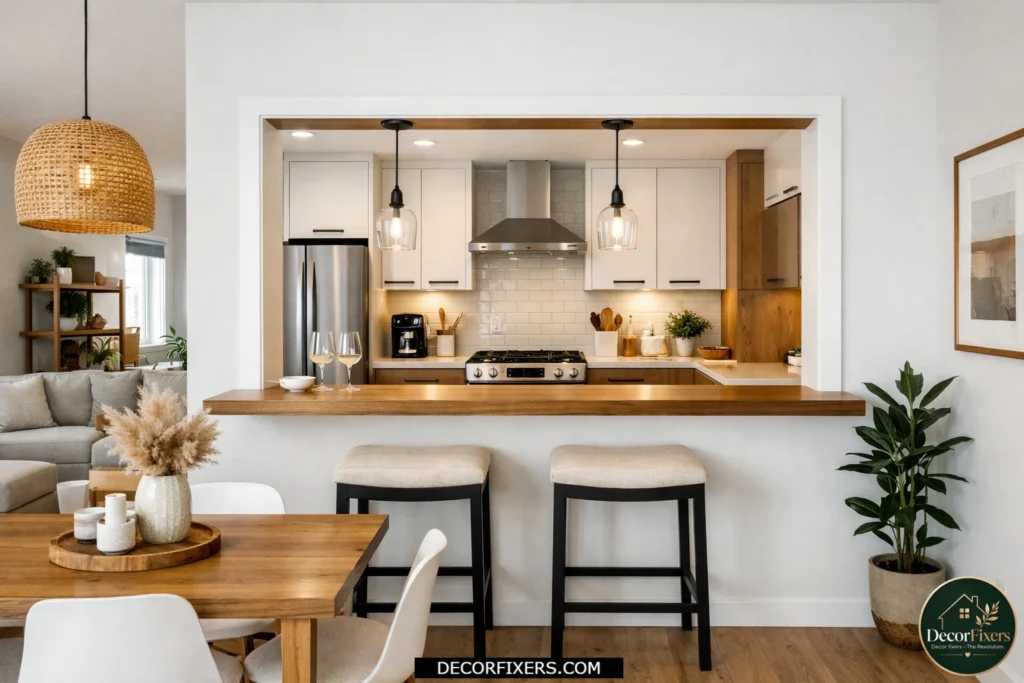 Small dining room connected to the kitchen with a pass-through window for visual openness.