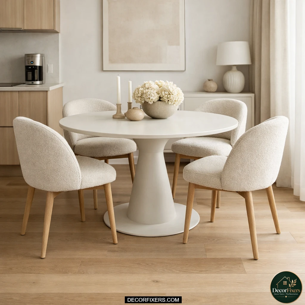 Small dining room with modern pedestal table and open floor space