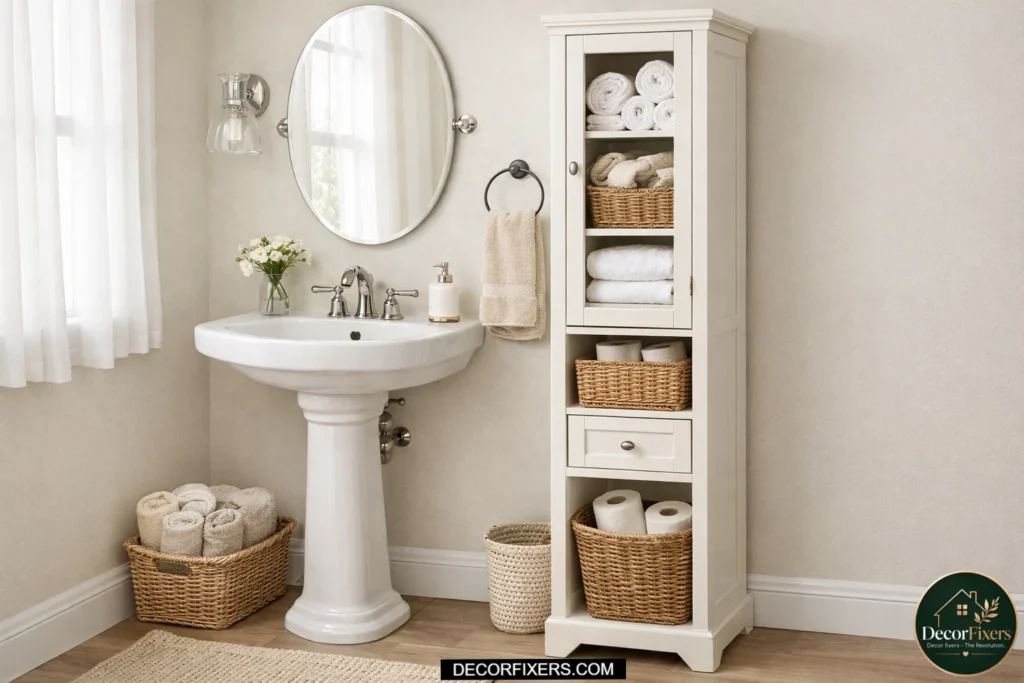 Pedestal sink with vertical storage tower in a small bathroom