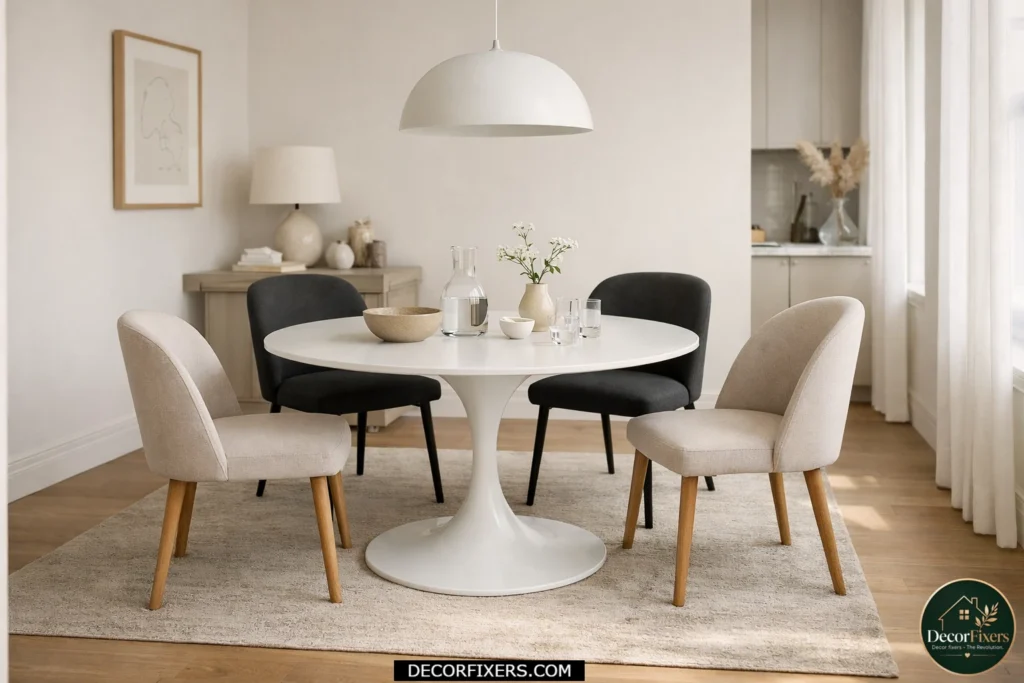 Small dining room with a pedestal dining table for better legroom and flow.