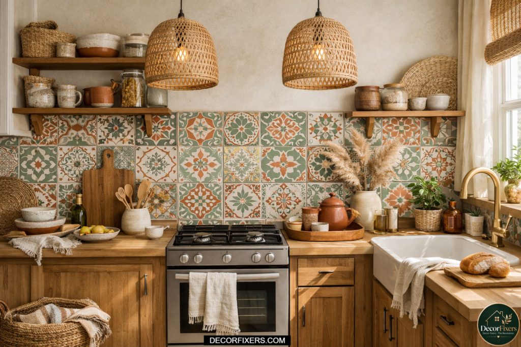 Peel-and-stick Moroccan tile backsplash decals transforming a plain rental kitchen