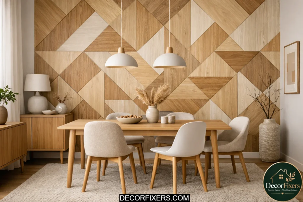 Geometric wood-texture peel-and-stick wall panels behind a dining table in a modern space