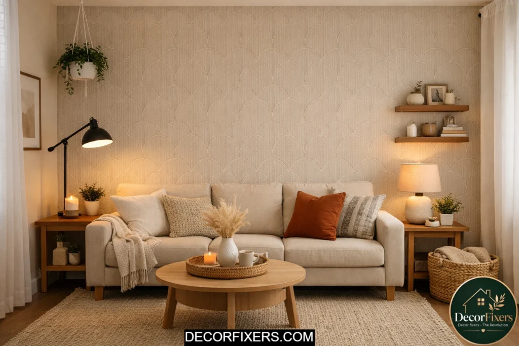 Accent wall created with peel-and-stick wallpaper in living room