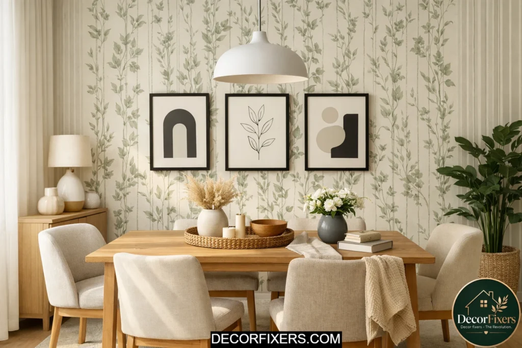 Dining room with botanical peel-and-stick wallpaper accent wall behind table