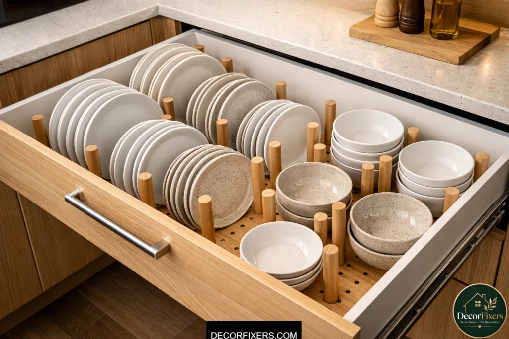 Peg drawer insert system organizing dishes in deep kitchen drawers