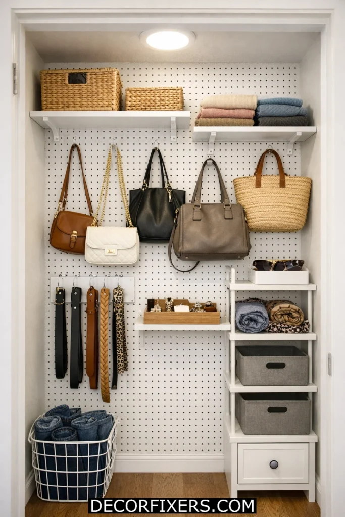 White pegboard wall system adding customizable storage inside a small closet.