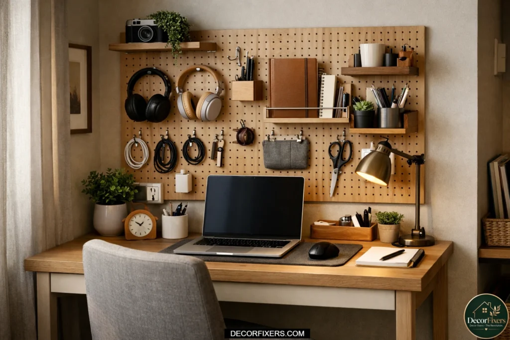 Compact home office nook with a pegboard wall organizer holding headphones, charging cables, scissors, notebooks, and desk accessories