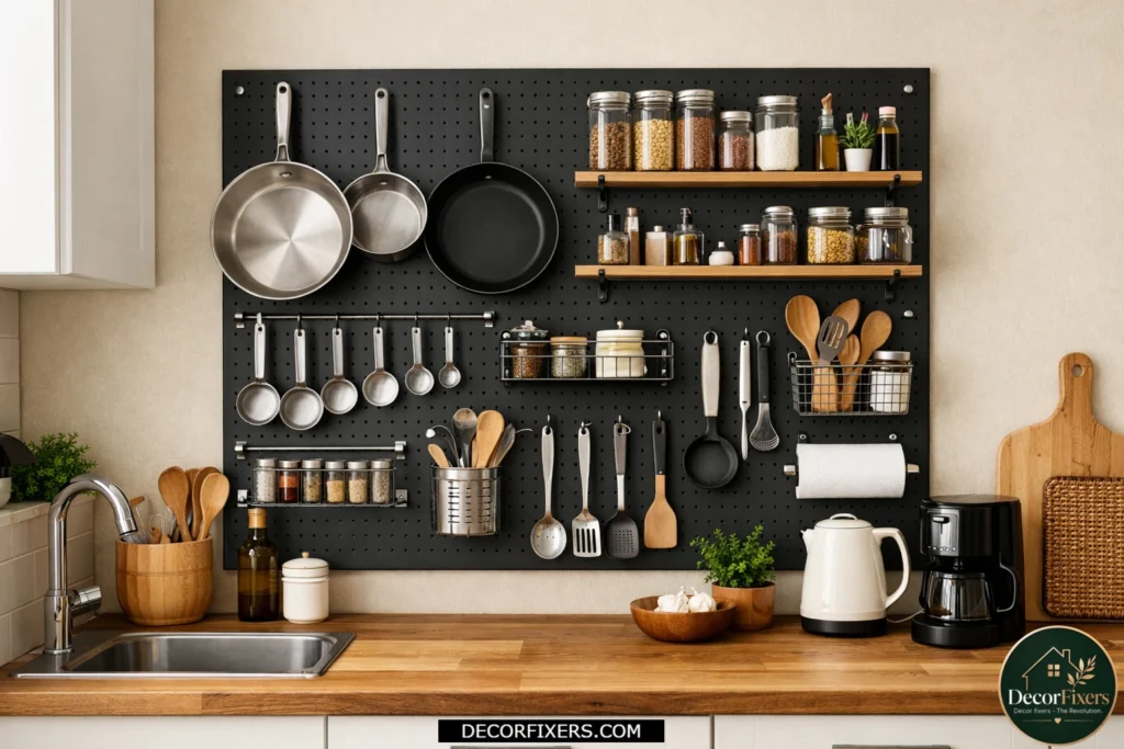 Pegboard wall storage system organizing cookware and utensils in a compact kitchen.