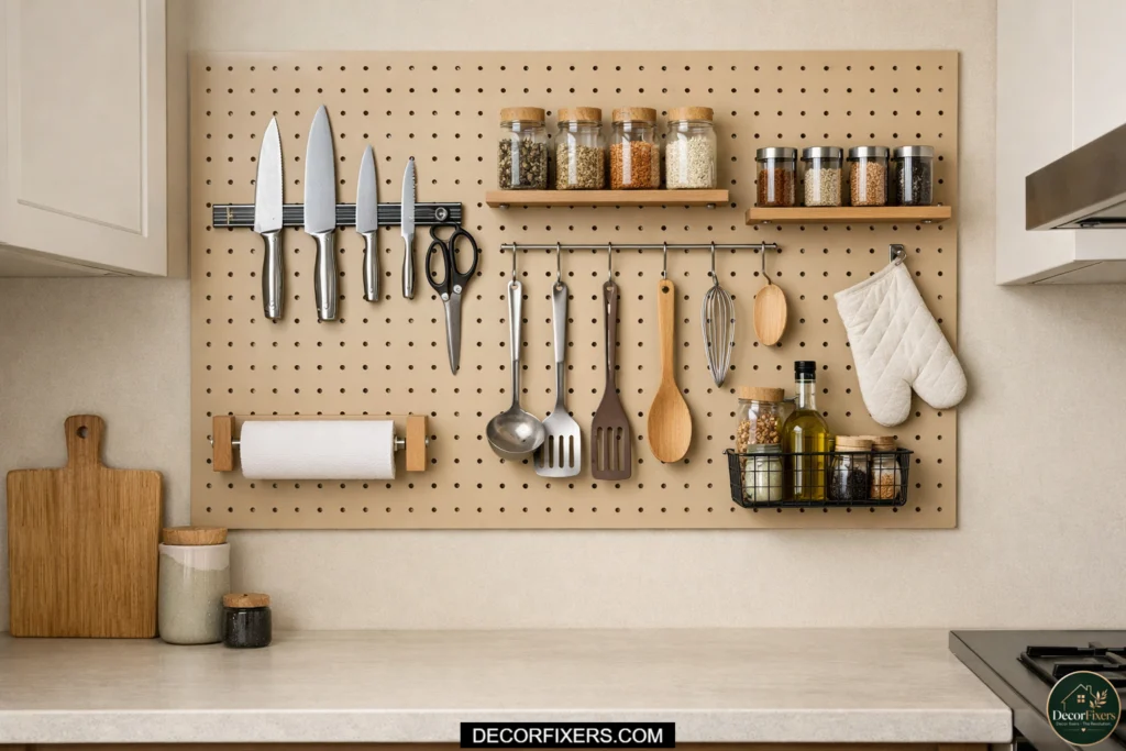 Pegboard storage organizing a tiny open-plan kitchen