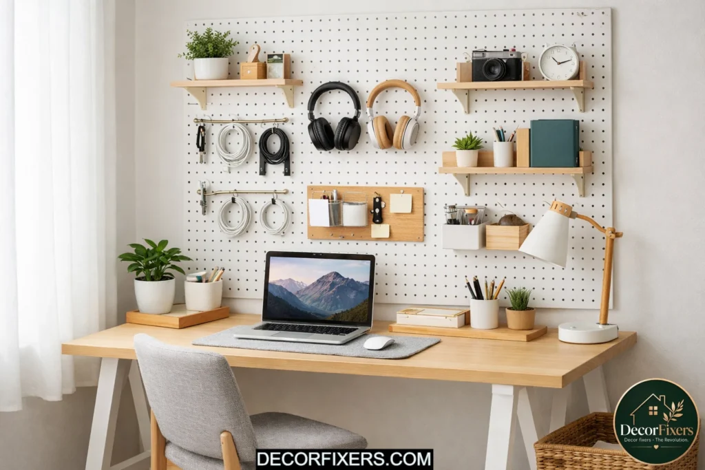 Pegboard wall organizer above a desk for compact storage and organization