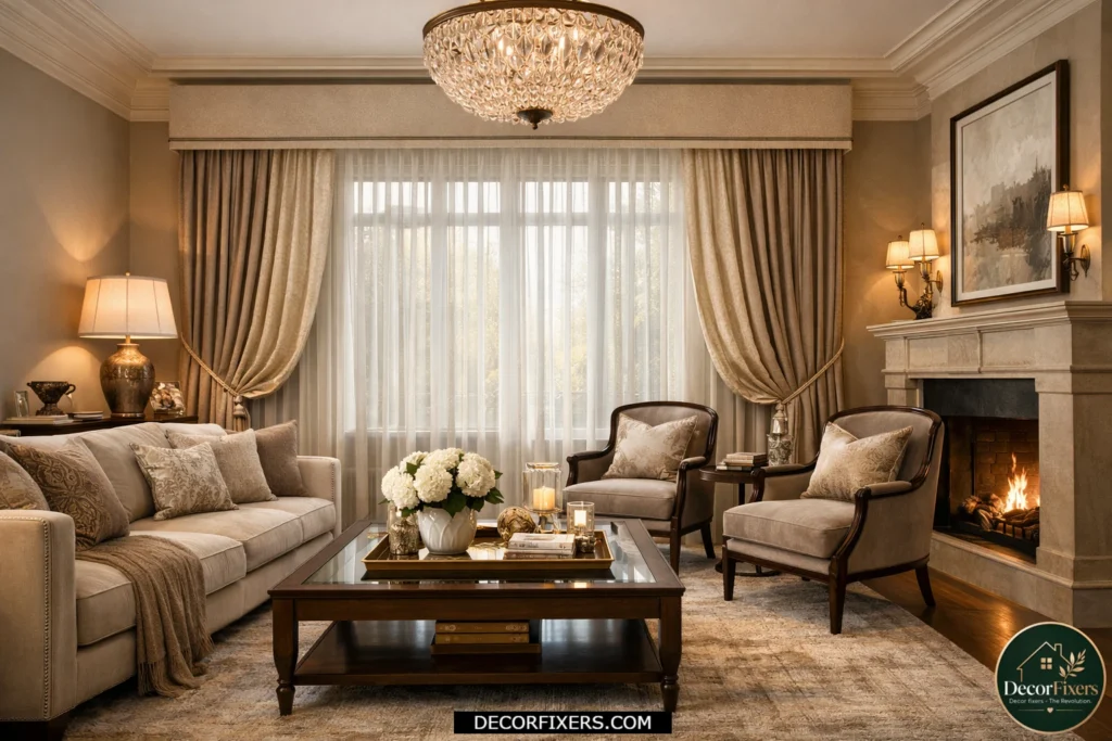 Elegant pelmet curtains creating a grand luxury living room look.