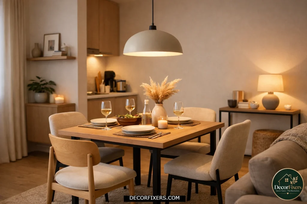 Pendant light centered above a compact dining table in a modern apartment.