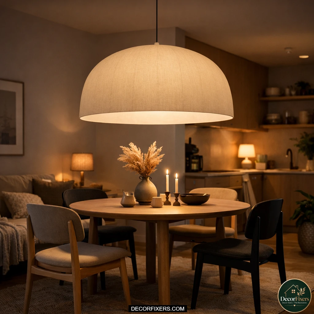 Pendant lighting defining dining zone in small apartment