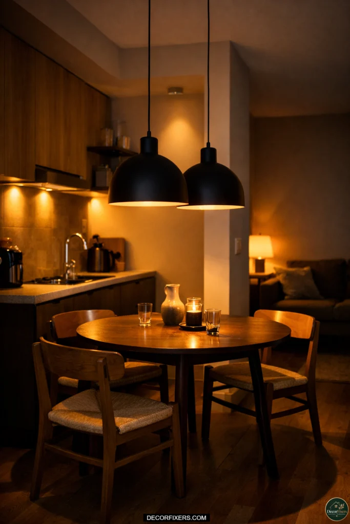Pendant lights defining a tiny open-plan kitchen dining zone