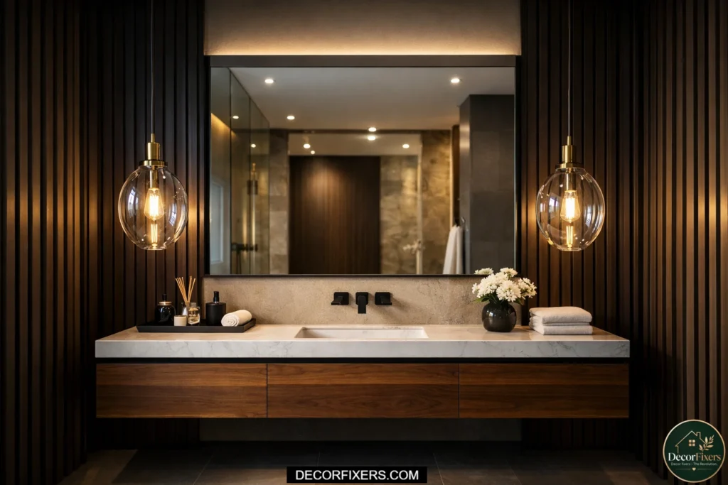 Modern pendant lights beside a bathroom mirror creating a luxury statement.