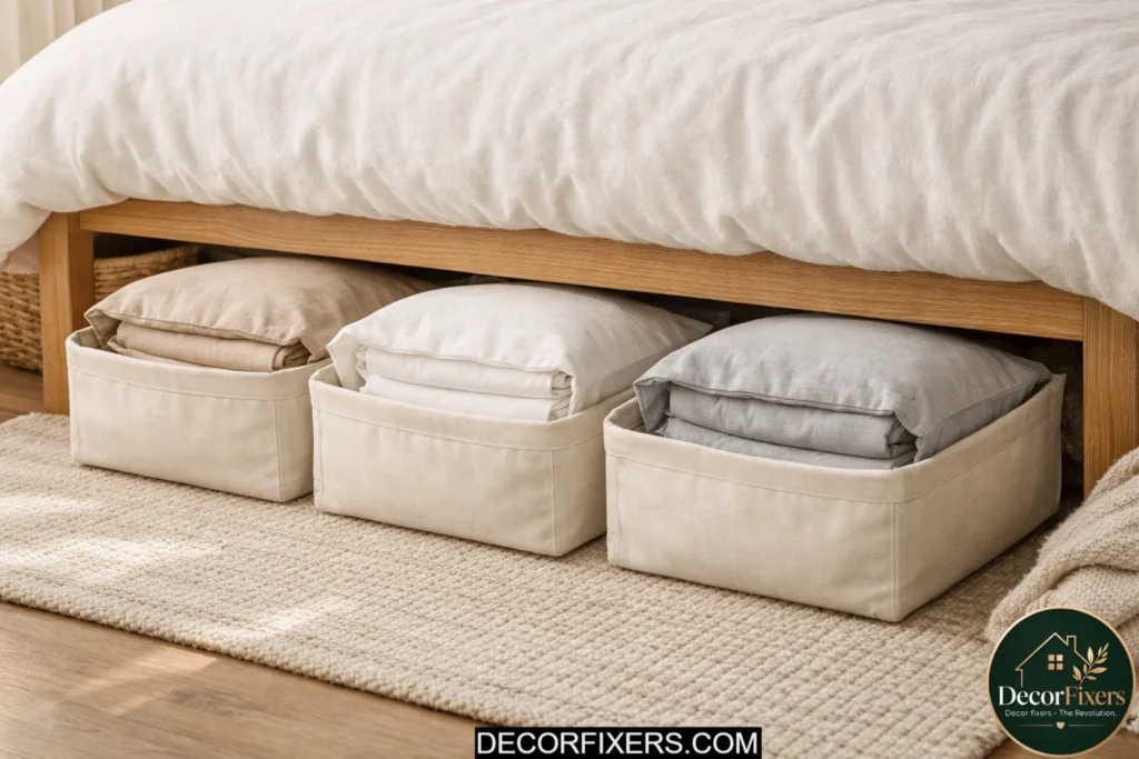 Bed sheet sets stored neatly inside matching pillowcases under a bed
