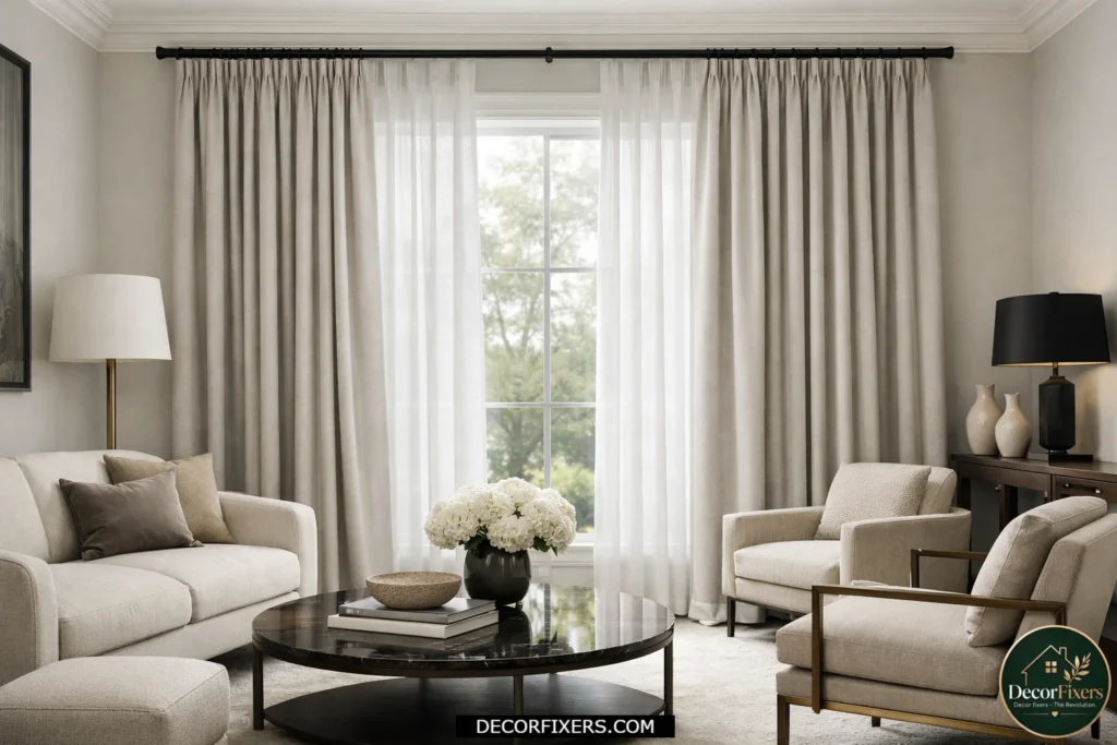 Tailored pinch pleat curtains in an elegant neutral living room.