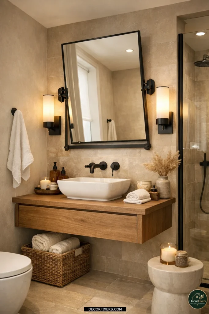 Small bathroom with an adjustable pivot mirror and side sconces for flexible functionality.