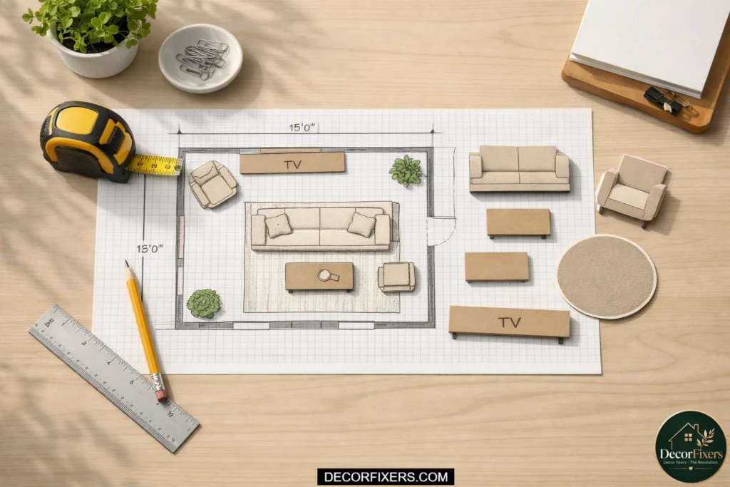 planning small living room layout using graph paper and measurements